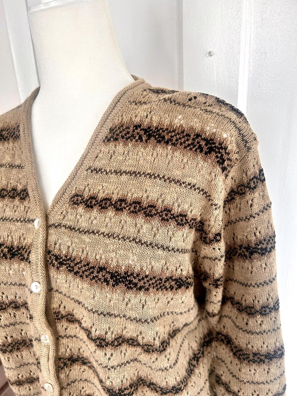 90s Grunge Striped Beige Black Cardigan Large | V-Neck Linen Cotton Knit Sweater